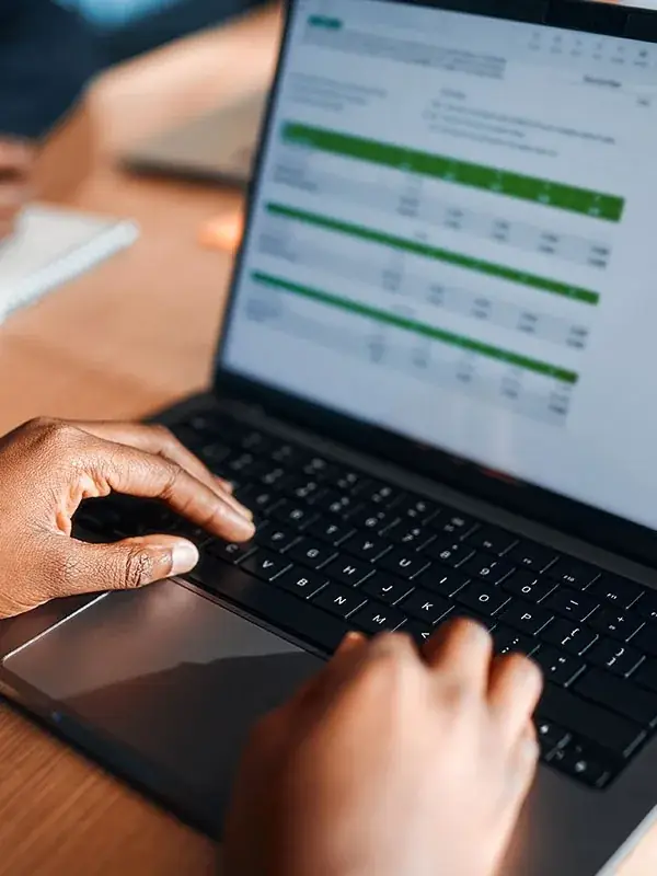 Accountant reviewing financial statements on a laptop
